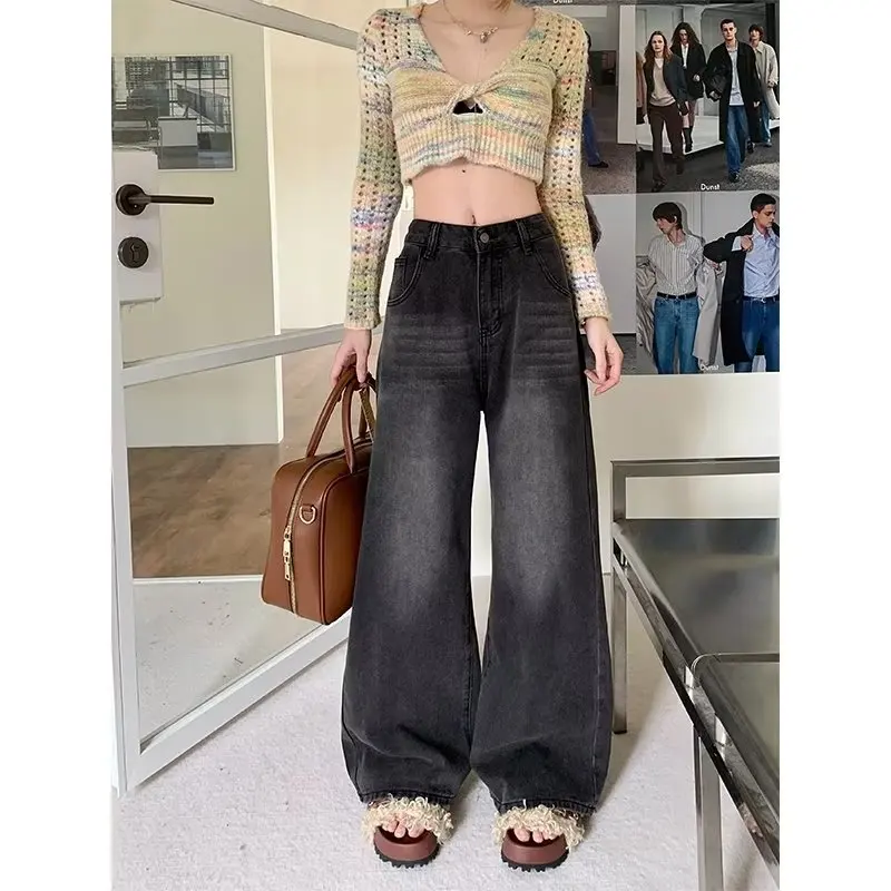 Women's High Waisted Black Washed Wide Leg Jeans, Loose Straight Leg Denim Pants with Raw Hem, Casual Streetwear Baggy Trousers
Women's High Waisted Black Washed Wide Leg Jeans, Loose Straight Leg Denim Pants with Raw Hem, Casual Streetwear Baggy Trousers