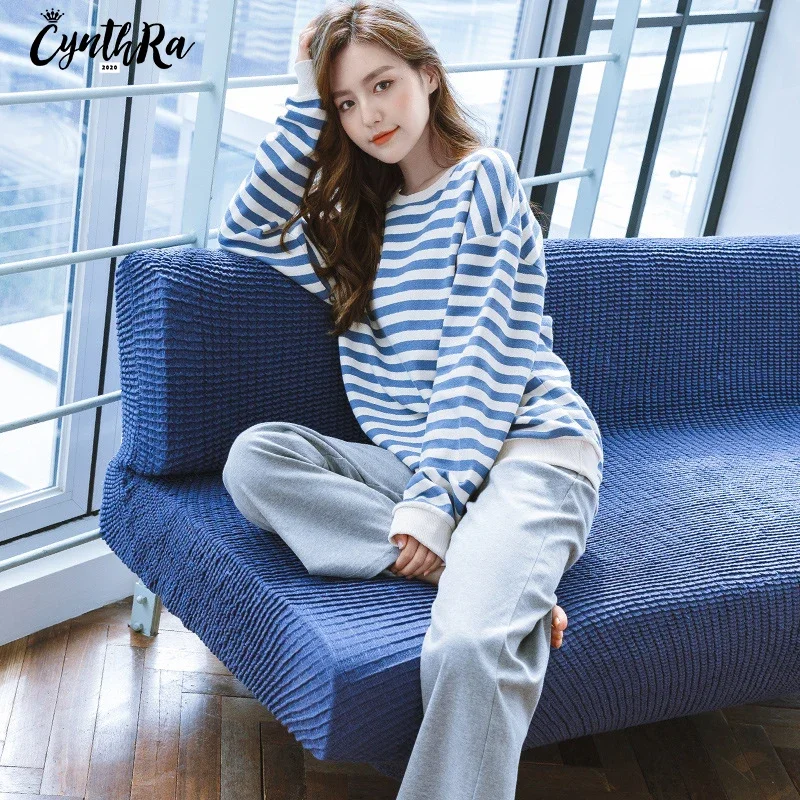 Sleepwear Women's Cotton Loose Models Long-Sleeved With Chest Pad Soft Comfort Warm Mid-Thick Striped Ladies Pajamas Set
Sleepwear Women's Cotton Loose Models Long-Sleeved With Chest Pad Soft Comfort Warm Mid-Thick Striped Ladies Pajamas Set