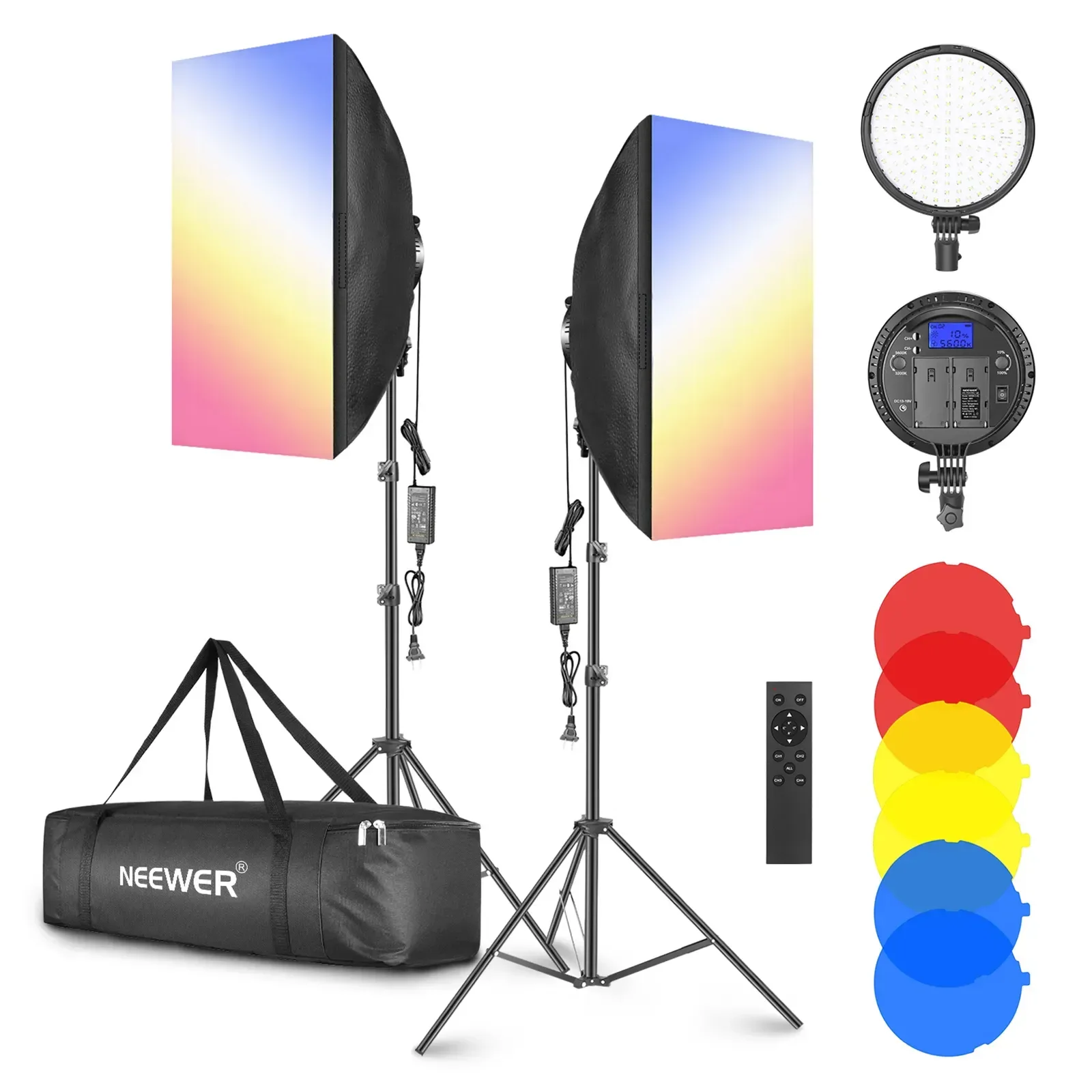 Neewer LED Softbox Lighting Kit—Softbox, 48W LED Light Head, 2.4GHz Remote,Light Stand&Yellow/Blue Filter For Photo Studio Video
Neewer LED Softbox Lighting Kit—Softbox, 48W LED Light Head, 2.4GHz Remote,Light Stand&Yellow/Blue Filter For Photo Studio Video