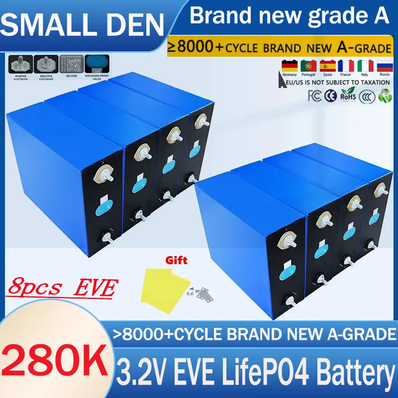 8PCS Lithium Iron Phosphate EVE Grade A 3.2V 280AH Battery Lithium Iron Phosphate suitable for electric scooter lithium battery
8PCS Lithium Iron Phosphate EVE Grade A 3.2V 280AH Battery Lithium Iron Phosphate suitable for electric scooter lithium battery