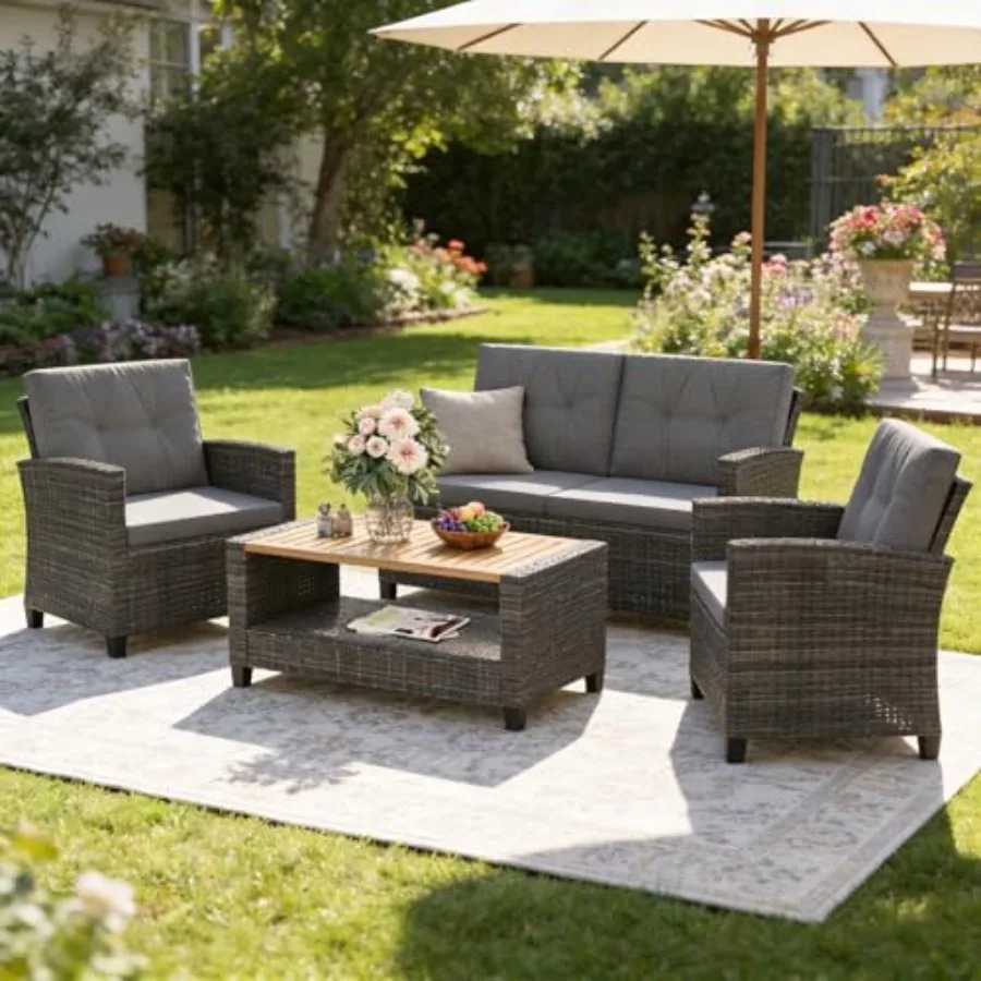 4 Piece Patio Furniture Set, Wicker Outdoor Patio Conversation Furniture Set, All Weather Outdoor Patio Sofa with Cushion and W
4 Piece Patio Furniture Set, Wicker Outdoor Patio Conversation Furniture Set, All Weather Outdoor Patio Sofa with Cushion and W