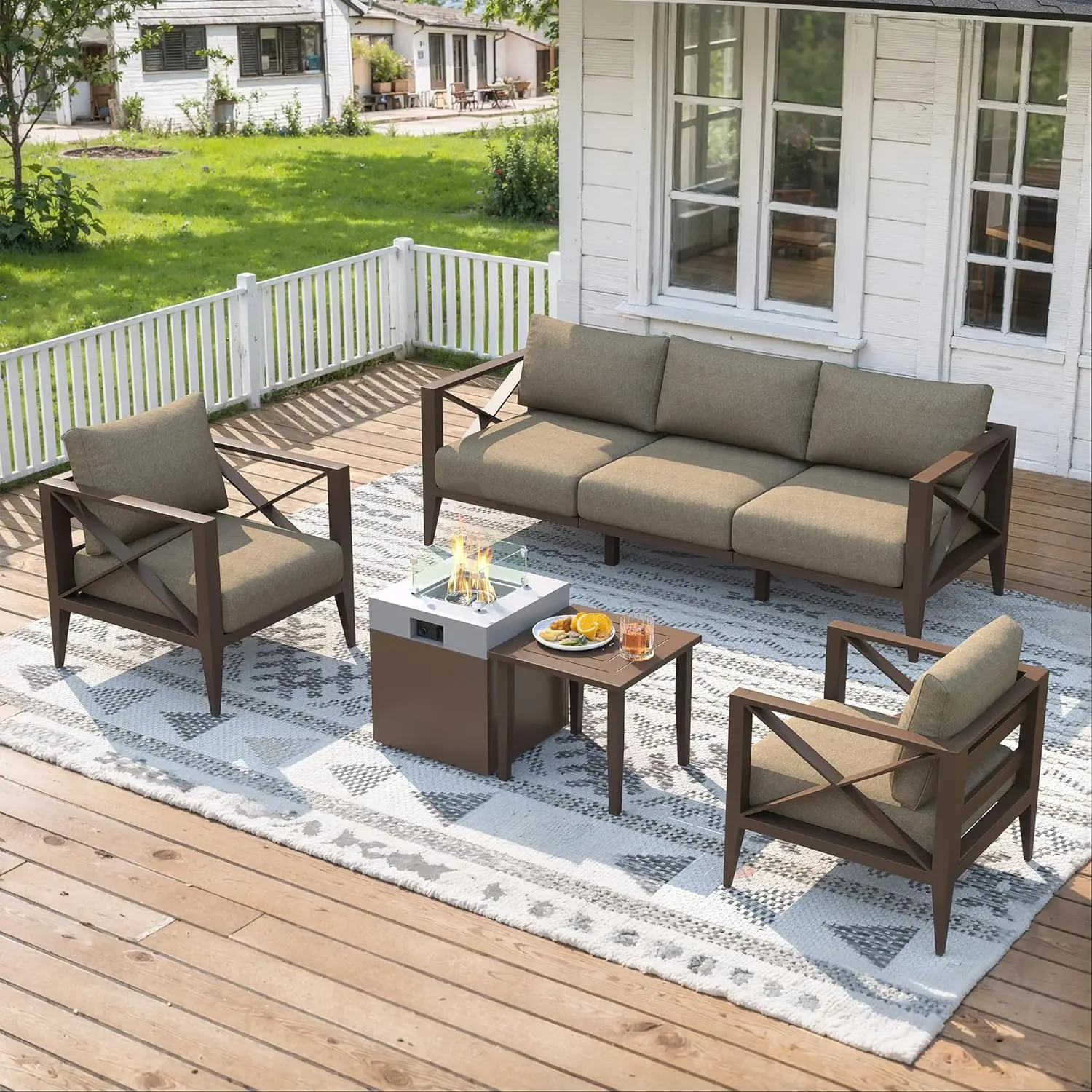 Aluminum Patio Furniture Set, 7-Piece Oversized Outdoor Conversation Set with Fire Pit Table & Coffee Table, All, Customized
Aluminum Patio Furniture Set, 7-Piece Oversized Outdoor Conversation Set with Fire Pit Table & Coffee Table, All, Customized