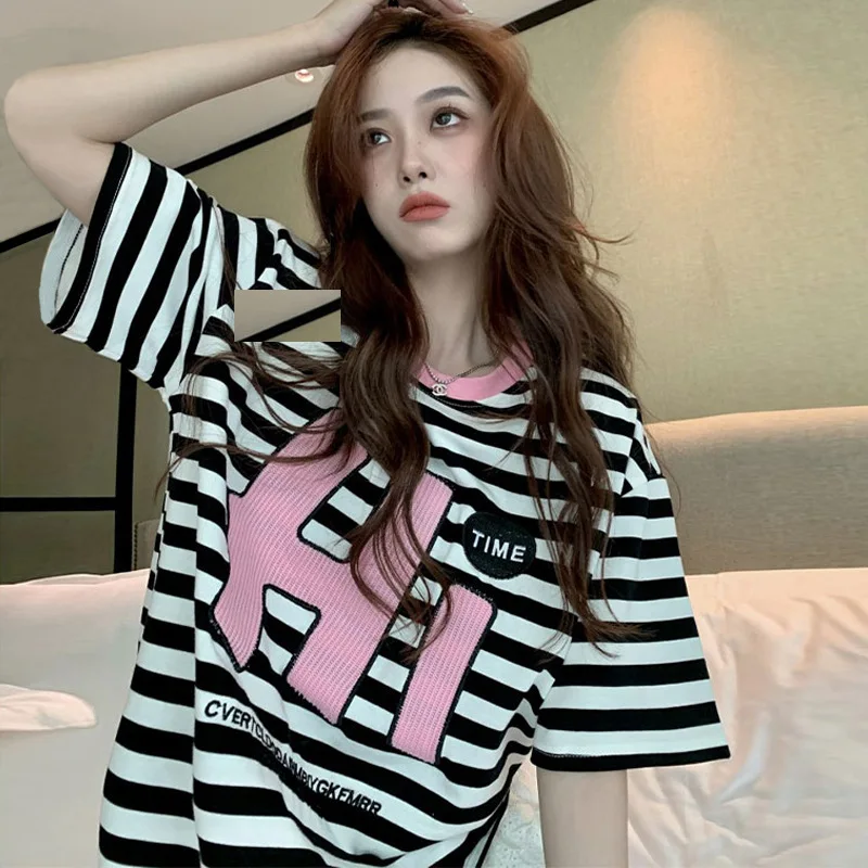 Letter embroidered striped short sleeved t-shirt for women's summer loose mid length casual half sleeved top t-shirt
Letter embroidered striped short sleeved t-shirt for women's summer loose mid length casual half sleeved top t-shirt