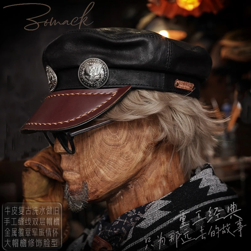 Handmade Amekaji Leather Motorcycle Hat Men Fashion Youth Retro Colonel Flat-Top Cap Captain Beret Women
Handmade Amekaji Leather Motorcycle Hat Men Fashion Youth Retro Colonel Flat-Top Cap Captain Beret Women