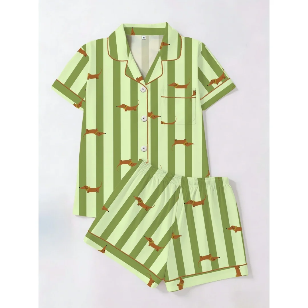 Cute Green-striped Dachshund Dog Print Pajamas for Women Home Wear Loungewear Set Lapel Short-sleeved Shirts Pants Summer Gifts
Cute Green-striped Dachshund Dog Print Pajamas for Women Home Wear Loungewear Set Lapel Short-sleeved Shirts Pants Summer Gifts