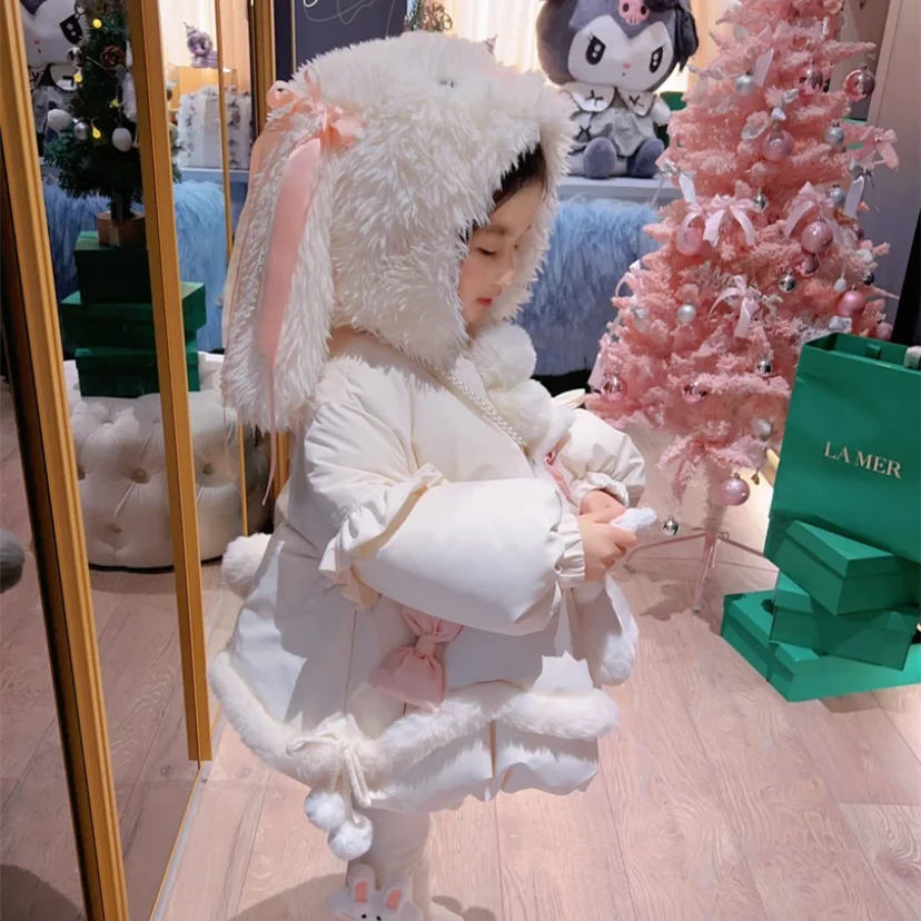 Детская хлопковая одежда, зимняя однотонная праздничная куртка принцессы для девочек, милая куртка с капюшоном, длинное пальто, теплая утепленная детская верхняя одежда, снег c