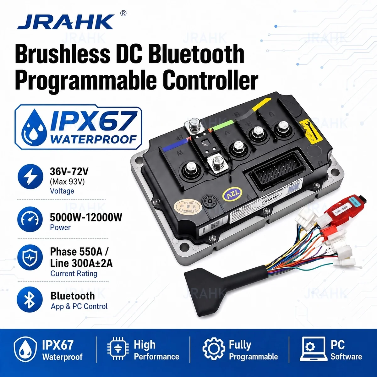 JRAHK 36V-72V 550A High Power BLDC Controller Bluetooth Programmable Electric Motorcycle Dirt Bike ATV Go Kart
JRAHK 36V-72V 550A High Power BLDC Controller Bluetooth Programmable Electric Motorcycle Dirt Bike ATV Go Kart