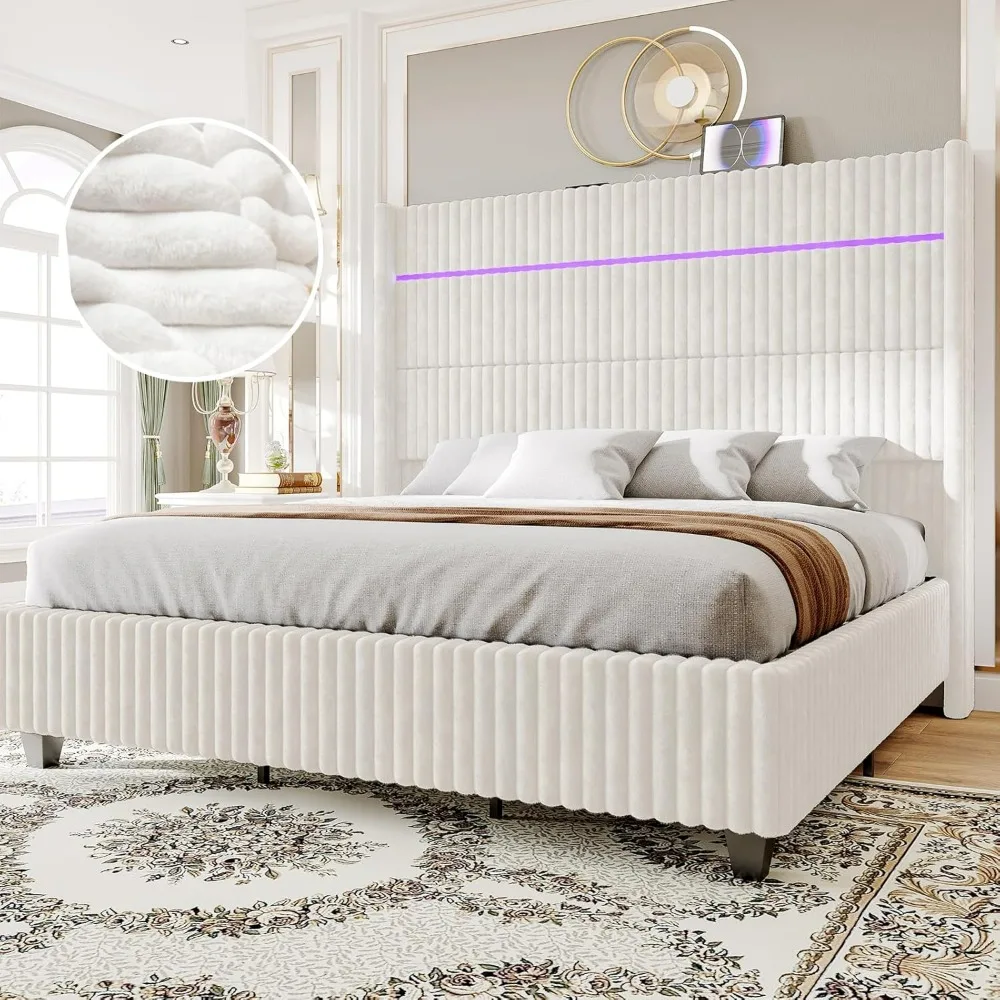 Queen Bed Frame with LED Lights, Corduroy Upholstered Platform Bed Frame with 60" Tall Wingback Headboard and Charging Station
Queen Bed Frame with LED Lights, Corduroy Upholstered Platform Bed Frame with 60" Tall Wingback Headboard and Charging Station