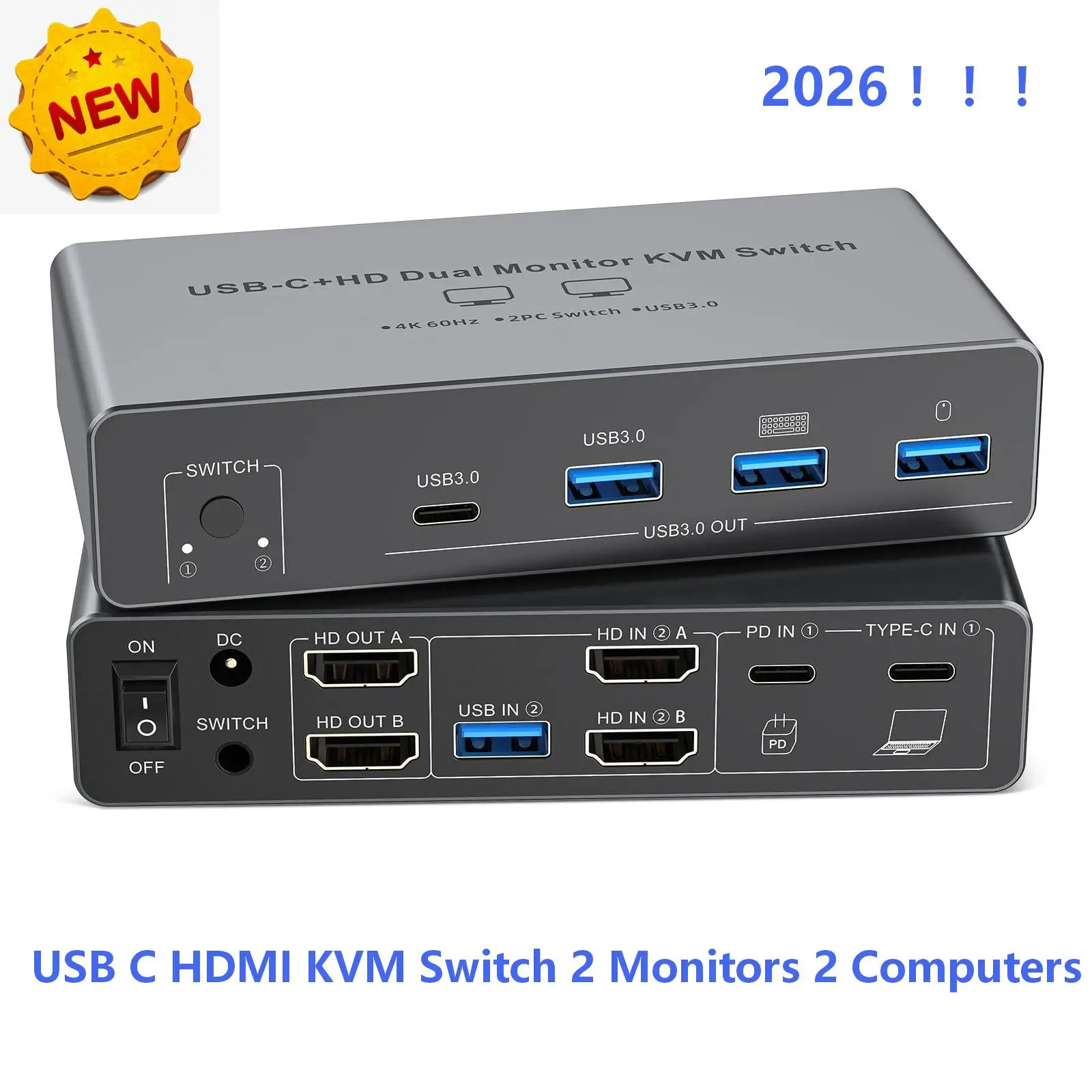USB C HDMI DP KVM Switch 2 Monitors 2 Computers,4K@60Hz Dual Monitors KVM Switch for 2 PC/Laptops Share Mouse Keyboard 4 USB 3.0
