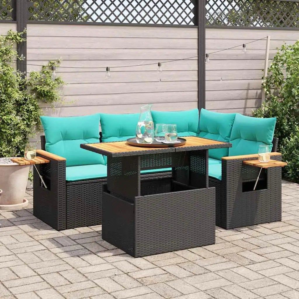 5 Piece Outdoor Patio Sofa Set Cushioned Black Rattan and Acacia Wood Furniture
5 Piece Outdoor Patio Sofa Set Cushioned Black Rattan and Acacia Wood Furniture