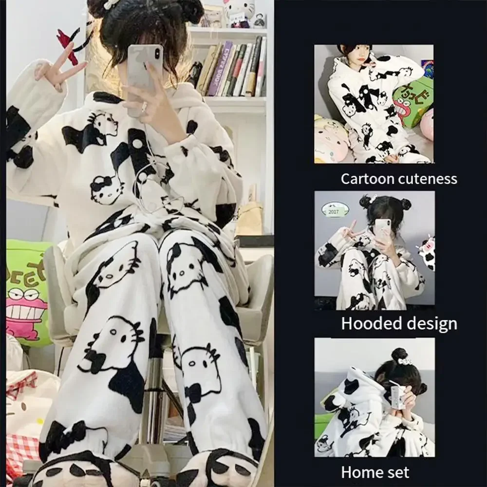 Cartoon 2Pcs Hello Kitty Women Plush Pajamas Set Sanrioed Kawaii Winter Hooded Home Clothes Cute Girl Anime Thicken Tops Pants
Cartoon 2Pcs Hello Kitty Women Plush Pajamas Set Sanrioed Kawaii Winter Hooded Home Clothes Cute Girl Anime Thicken Tops Pants