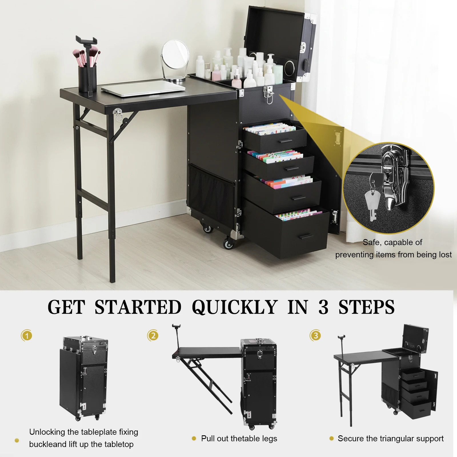 Professional Nail Table Station with Wheel & Drawers Travel Makeup Train Case Large Capacity for Mobile Nails Techs & Salon Use
Professional Nail Table Station with Wheel & Drawers Travel Makeup Train Case Large Capacity for Mobile Nails Techs & Salon Use