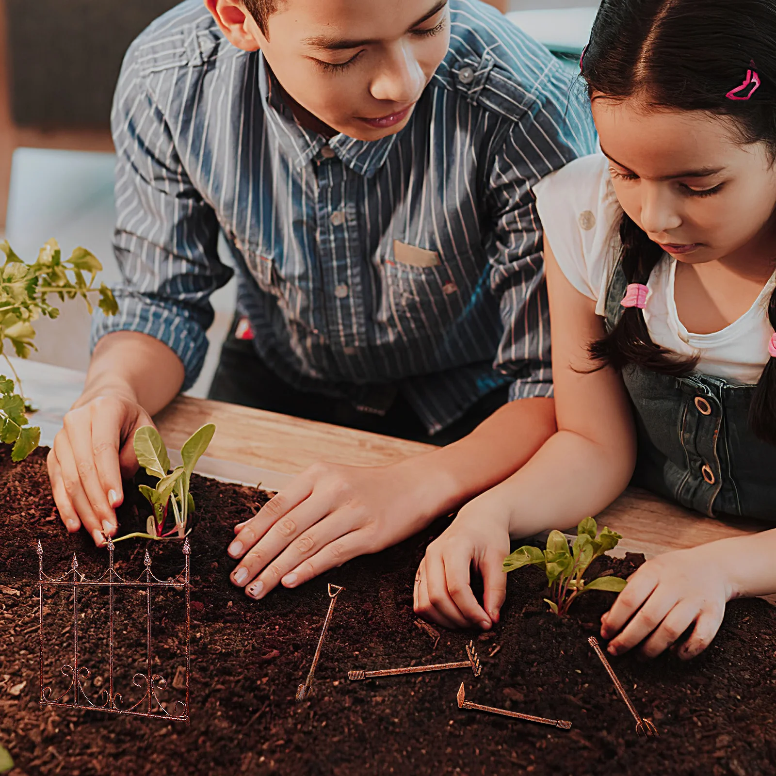 5 pcs Miniature Garden Tools Set Sand Table Decorations Landscape Play Farm Shovel Hand Rake Fence Ornament