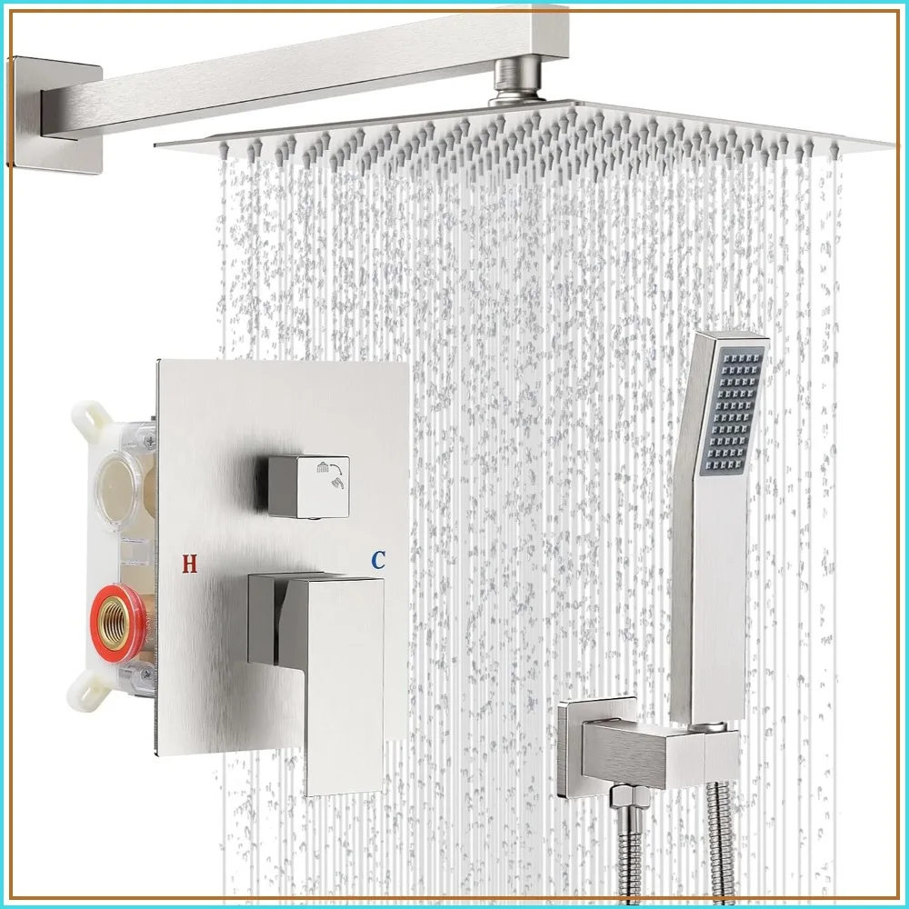 10" Square Rainfall Shower Head & Faucet Set, Wall Mount, Brushed Nickel
10" Square Rainfall Shower Head & Faucet Set, Wall Mount, Brushed Nickel