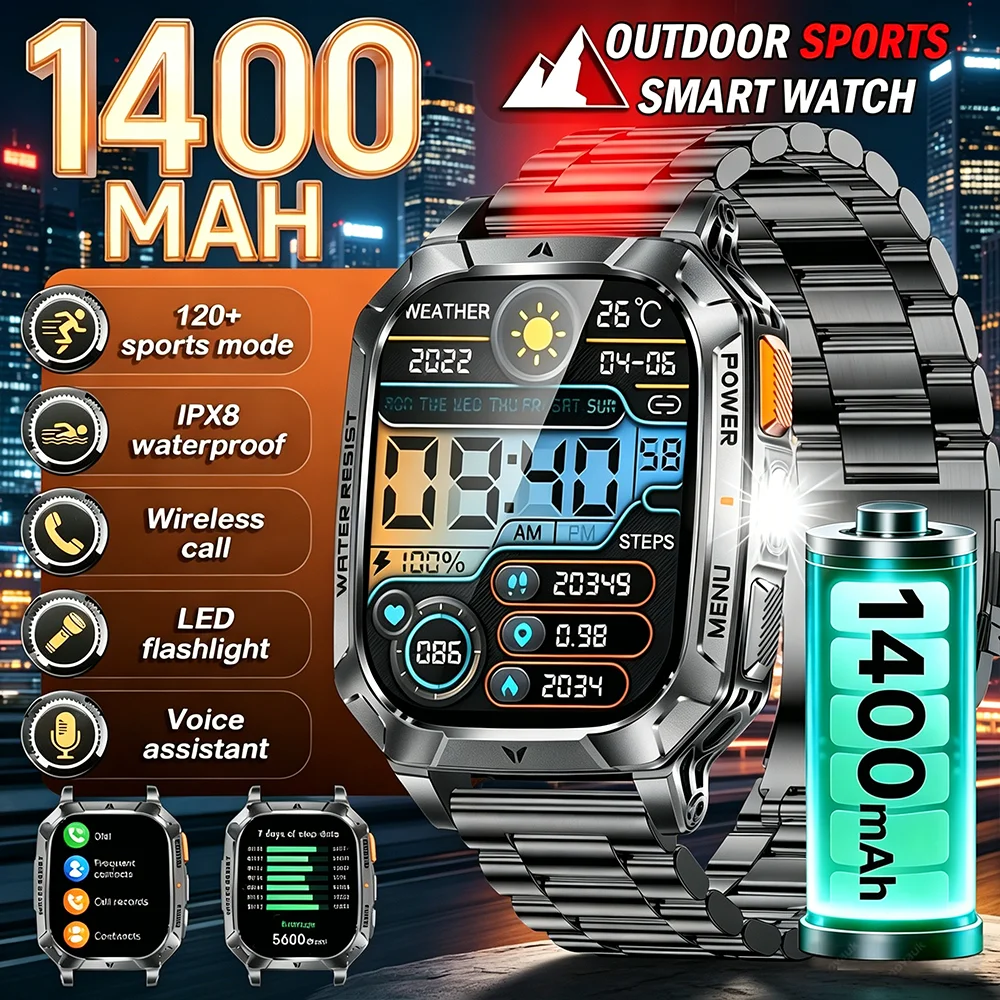 2026 Outdoors Durable Men Sports Smart Watch 1400mAh Battery LED Flashlight IPX8 Waterproof Bluetooth Call Military Smartwatchs
2026 Outdoors Durable Men Sports Smart Watch 1400mAh Battery LED Flashlight IPX8 Waterproof Bluetooth Call Military Smartwatchs