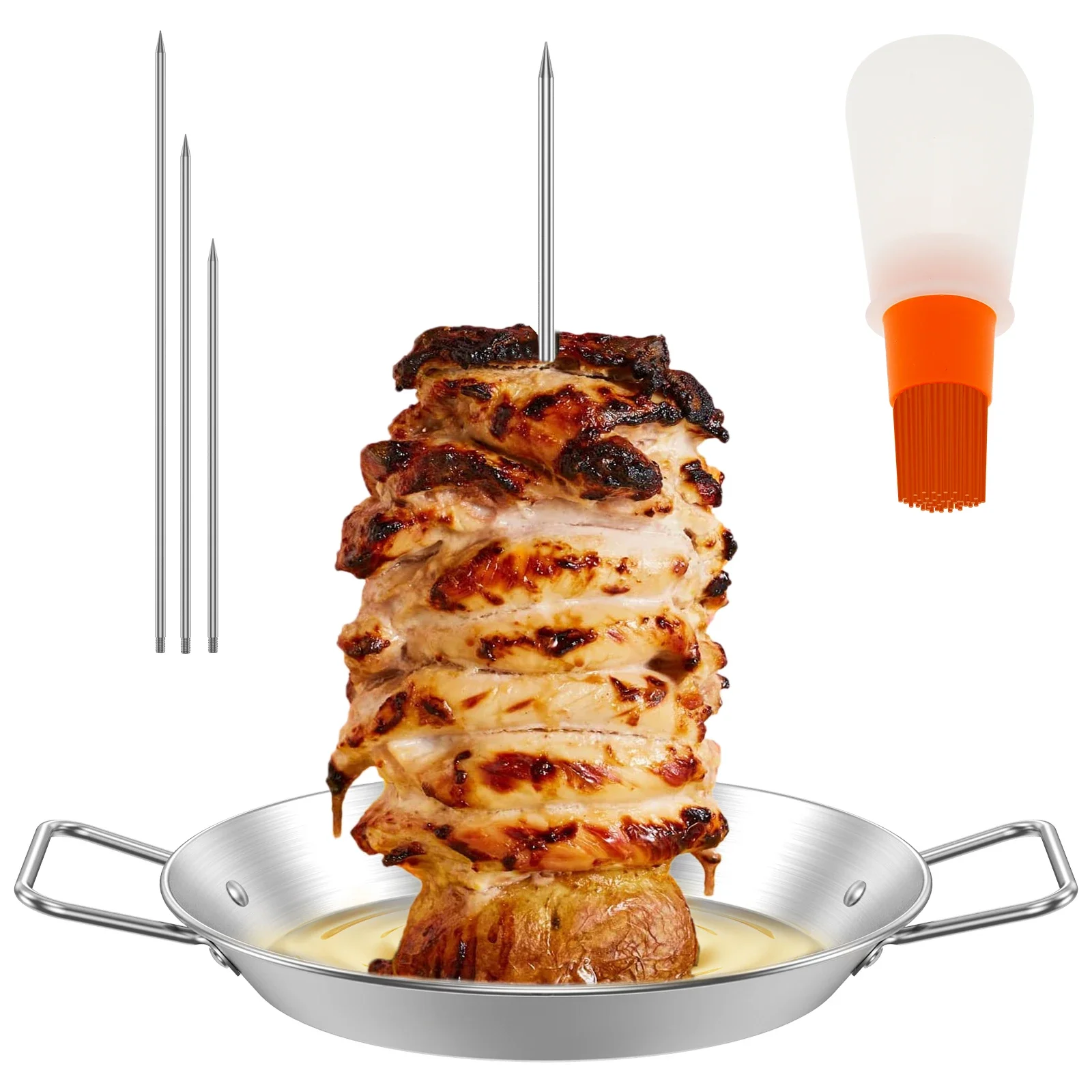 Al Pastor Skewer для гриля Вертикальный шампур из нержавеющей стали с 3 съемными шипами и щеткой для бутылок с маслом Подставка для бразильских пленок
Al Pastor Skewer для гриля Вертикальный шампур из нержавеющей стали с 3 съемными шипами и щеткой для бутылок с маслом Подставка для бразильских пленок