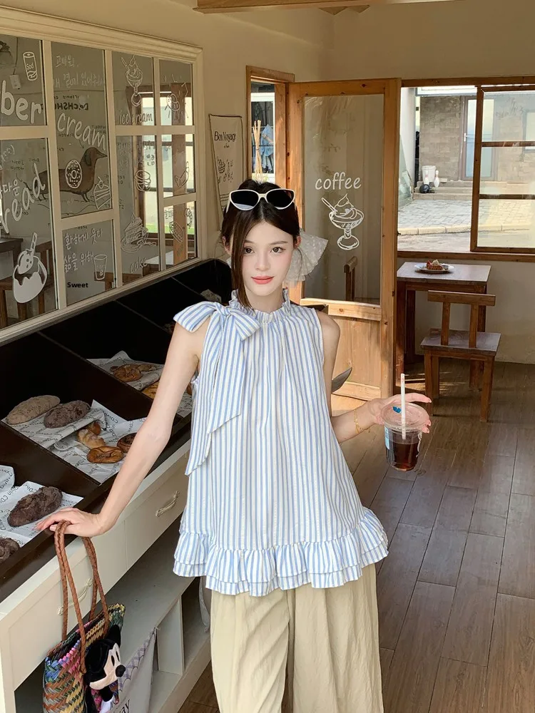 Fashionable Korean Style Slim Fit Shirt Summer 2026 Women's Top Knot Tie Stripe Earlet Casual Wear No Sleeve
Fashionable Korean Style Slim Fit Shirt Summer 2026 Women's Top Knot Tie Stripe Earlet Casual Wear No Sleeve