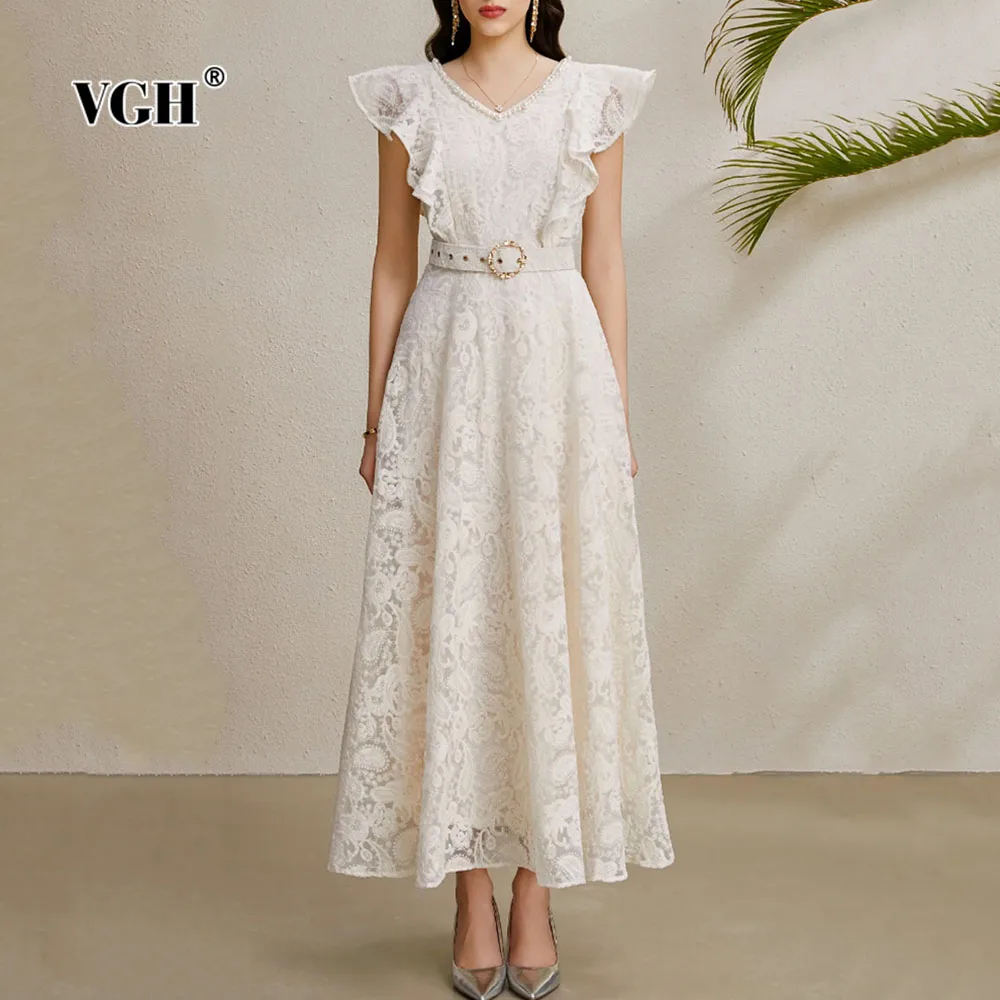 VGH French Style Slimming Lace Solid Folds Dresses For Women V Neck Sleeveless High Waist Temperament Long Dress Female Fashion
VGH French Style Slimming Lace Solid Folds Dresses For Women V Neck Sleeveless High Waist Temperament Long Dress Female Fashion