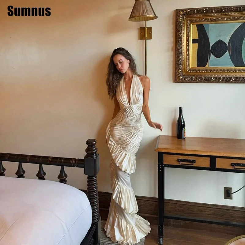 Sumnus Elegant Mermaid Satin Evening Dresses Ivory V-Neck Ruched Ruffle Tiered Formal Dress Floor Length Prom Dresses Customized
Sumnus Elegant Mermaid Satin Evening Dresses Ivory V-Neck Ruched Ruffle Tiered Formal Dress Floor Length Prom Dresses Customized