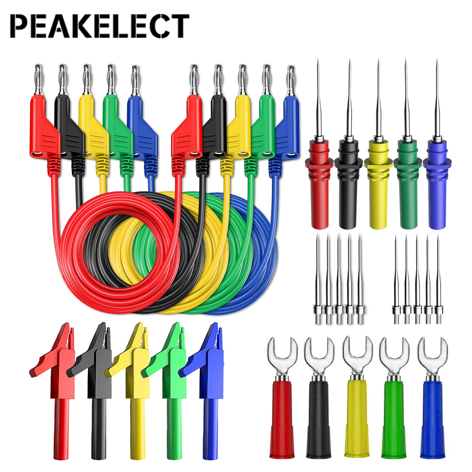 PEAKELECT P1036B Series Dual 4mm Banana Plug Multimeter Test Leads Kit with Alligator Clip Spade Plug Puncture Test Probe Kit
PEAKELECT P1036B Series Dual 4mm Banana Plug Multimeter Test Leads Kit with Alligator Clip Spade Plug Puncture Test Probe Kit
