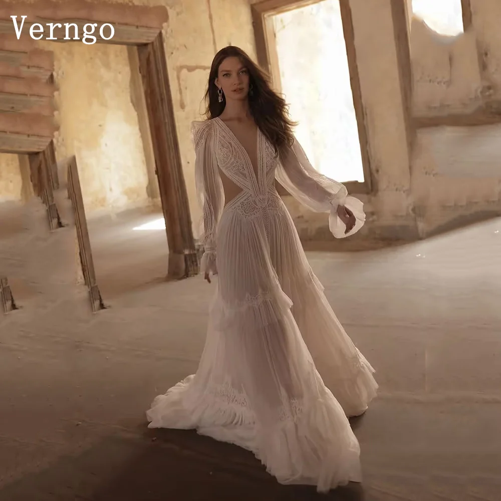 Verngo Boho Lace Wedding Dress V neck Full Sleeves A Line Bridal Gowns Women Modern Sweap Train Bride Dresses Customized
Verngo Boho Lace Wedding Dress V neck Full Sleeves A Line Bridal Gowns Women Modern Sweap Train Bride Dresses Customized