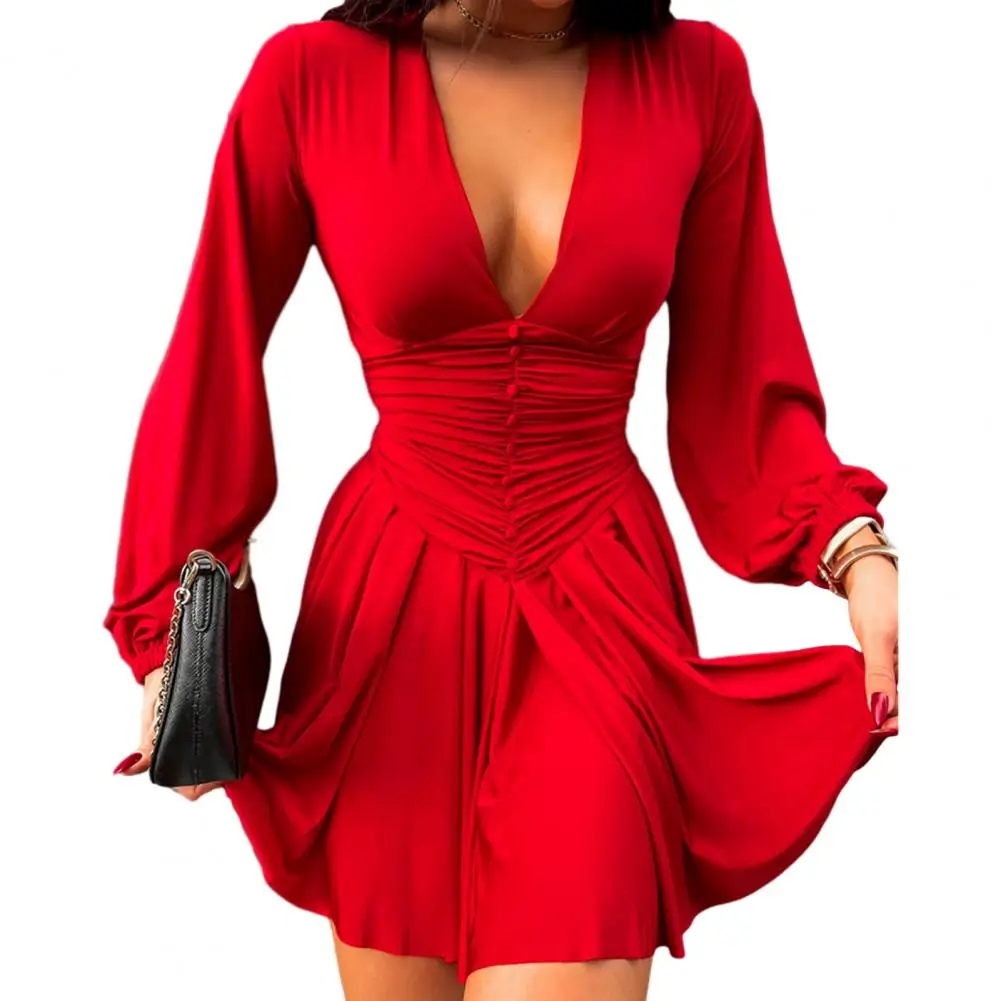 Women Dress Low-cut Deep V Neck Long Lantern Sleeves Tight Waist Pleated A-line Big Spring vestidos verano moda 2024
Women Dress Low-cut Deep V Neck Long Lantern Sleeves Tight Waist Pleated A-line Big Spring vestidos verano moda 2024