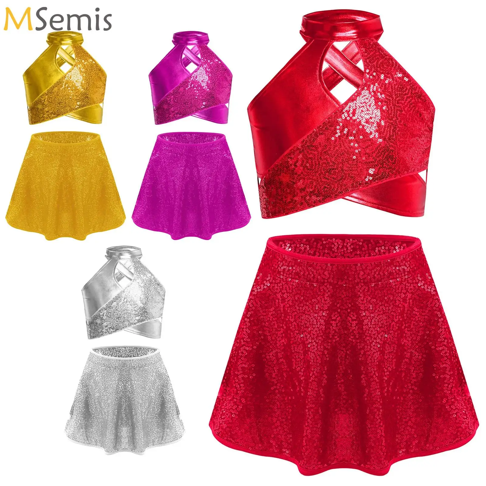 Kids Girls Jazz Latin Dance Costume Cross Sparkly Sequins Metallic Crop Top with Sequined Skirt for Cheerleading Hip Hop Stage
Kids Girls Jazz Latin Dance Costume Cross Sparkly Sequins Metallic Crop Top with Sequined Skirt for Cheerleading Hip Hop Stage