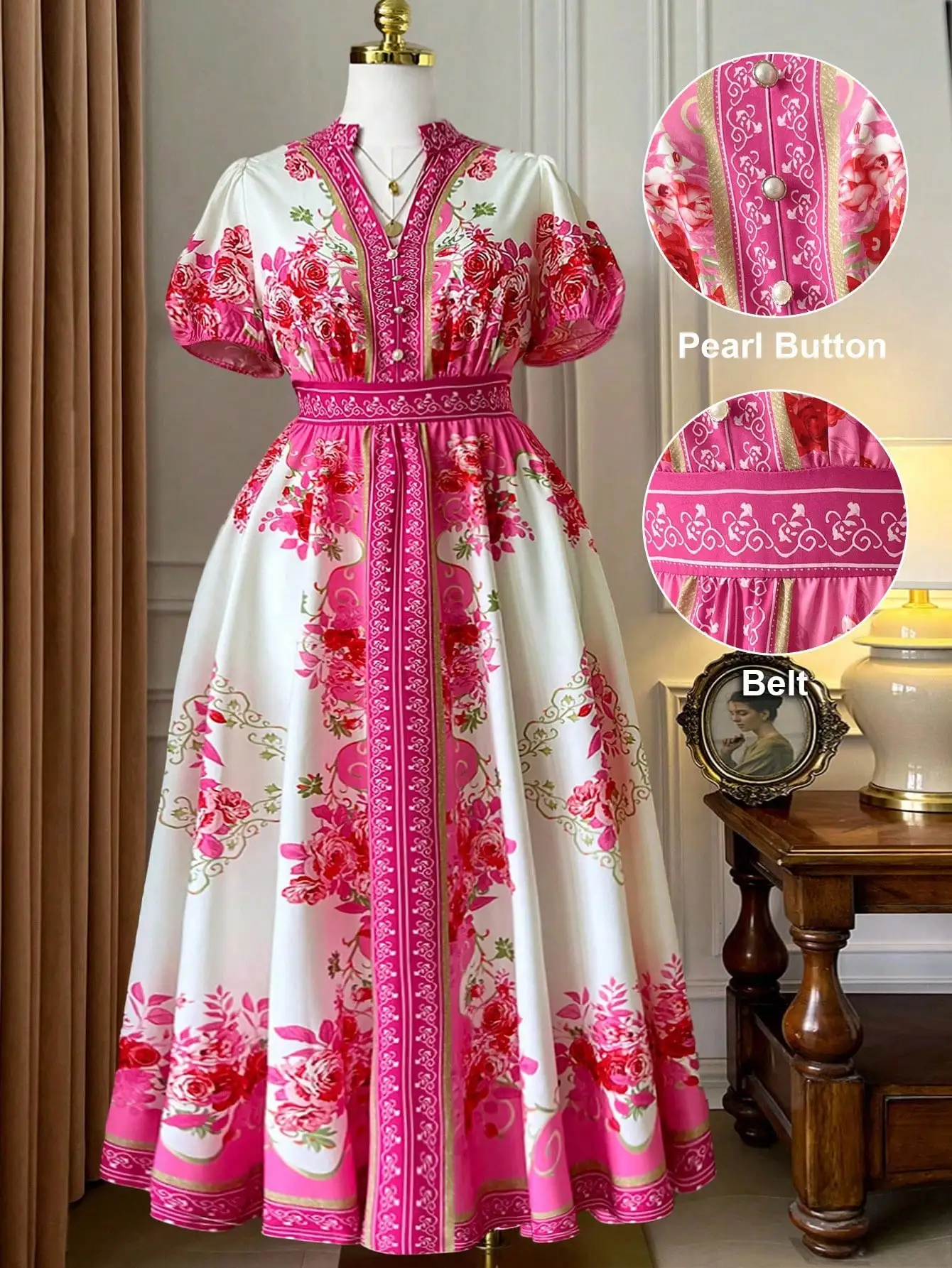 Платье для отпуска больших размеров с цветочным принтом, V-образным вырезом, пышными рукавами, А-силуэта и жемчужными пуговицами
Платье для отпуска больших размеров с цветочным принтом, V-образным вырезом, пышными рукавами, А-силуэта и жемчужными пуговицами