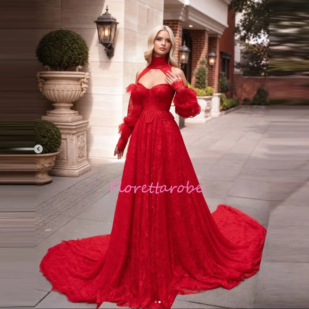 Red Exquisite Lace Evening Dresses Halter Sweetheart Prom Dress Sweep Train Luxury Party Gown Gala Vestidos Customized
Red Exquisite Lace Evening Dresses Halter Sweetheart Prom Dress Sweep Train Luxury Party Gown Gala Vestidos Customized