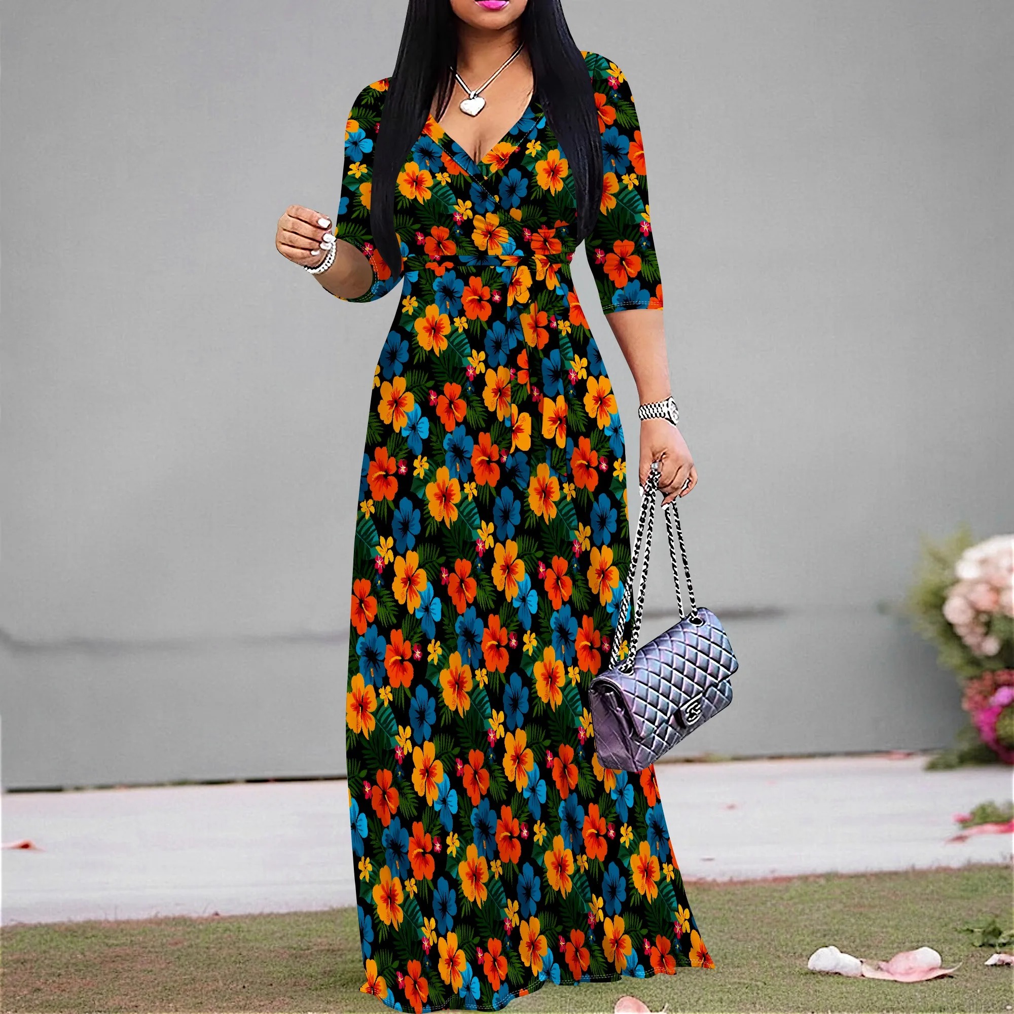 Tropical Floral Maxi Dress for Women S-3XL V-Neck Wrap Style for Beach Vacation, Summer Holiday or Resort Look
Tropical Floral Maxi Dress for Women S-3XL V-Neck Wrap Style for Beach Vacation, Summer Holiday or Resort Look