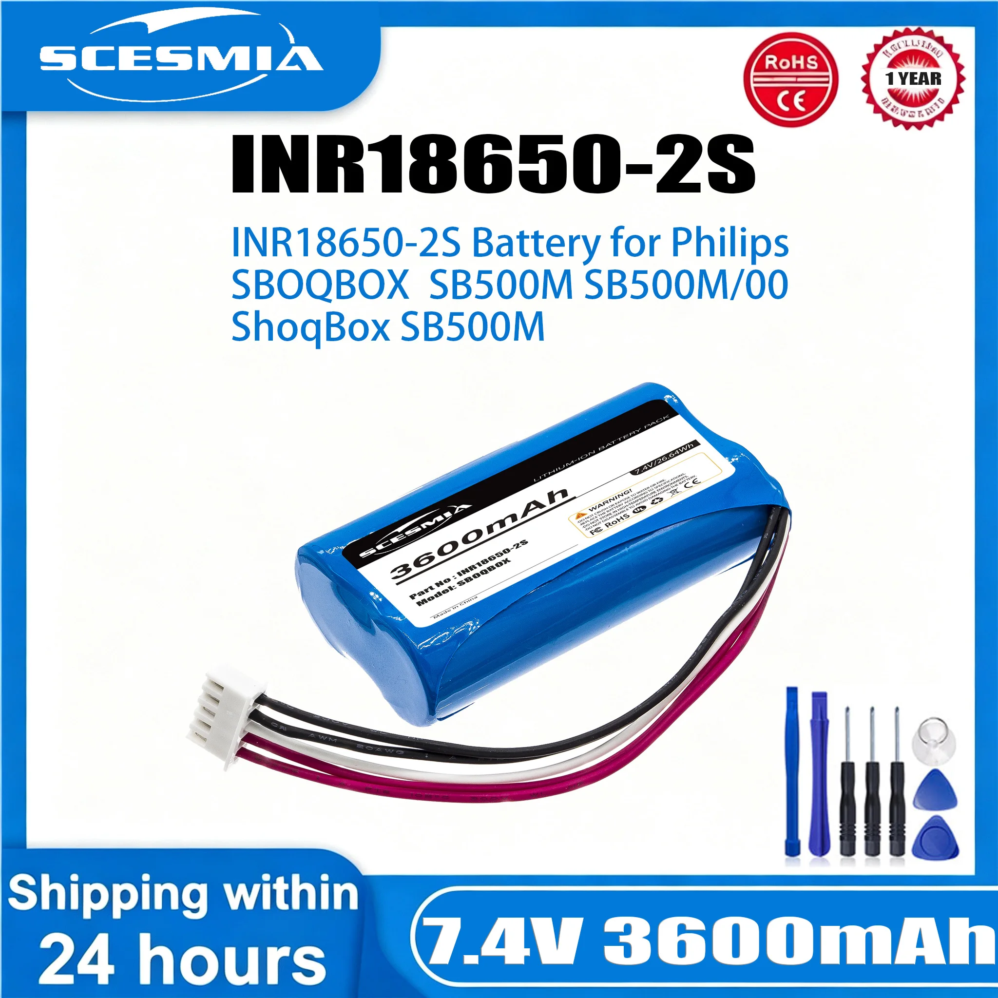 7.4V 3600mAh Speaker Battery INR18650-2S for Philips SBOQBOX, ShoqBox SB500M, SB500M/00 +TOOL
7.4V 3600mAh Speaker Battery INR18650-2S for Philips SBOQBOX, ShoqBox SB500M, SB500M/00 +TOOL
