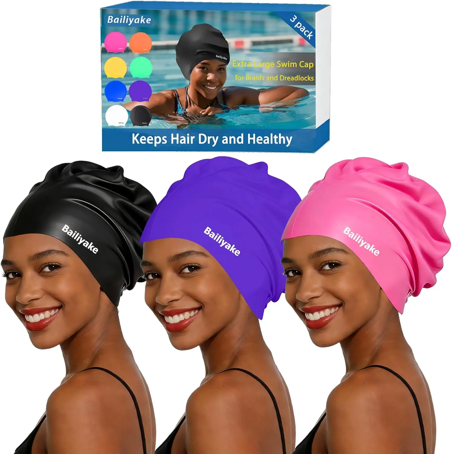 3 Pack Extra Large Swim Cap for Braids & Dreadlocks - Silicone Swim Hat for Women with Long Thick Hair, Protective for Swimming
3 Pack Extra Large Swim Cap for Braids & Dreadlocks - Silicone Swim Hat for Women with Long Thick Hair, Protective for Swimming