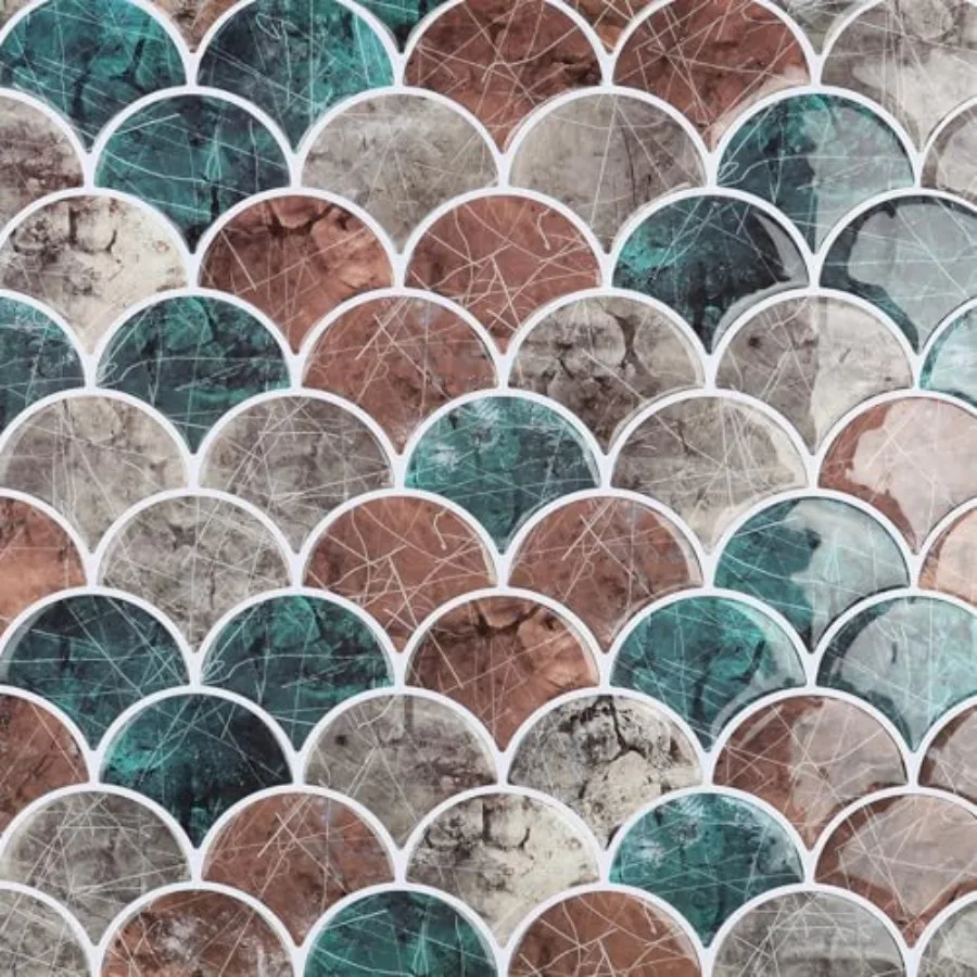 Kitchen backsplash application, distressed fish scale pattern vinyl tile, gray finish, waterproof and self-adhesive for easy wa
Kitchen backsplash application, distressed fish scale pattern vinyl tile, gray finish, waterproof and self-adhesive for easy wa