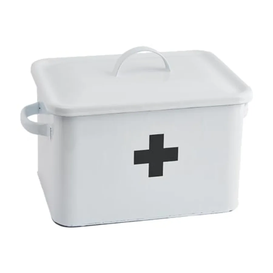 Enameled First Aid Box with Lid and Black Cross on Front
Enameled First Aid Box with Lid and Black Cross on Front
