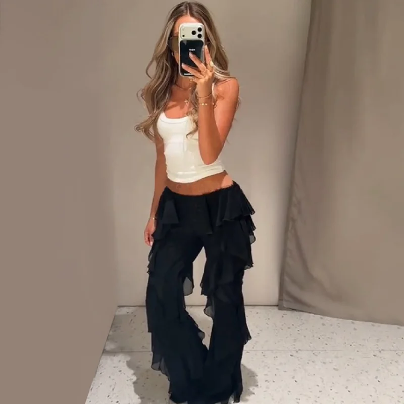 Y2K Black Layered Ruffle Pants Women Lace Sheer Chiffon Tiered Flared Low Waist Trousers Casual Trendy Streetwear 2026 New
Y2K Black Layered Ruffle Pants Women Lace Sheer Chiffon Tiered Flared Low Waist Trousers Casual Trendy Streetwear 2026 New