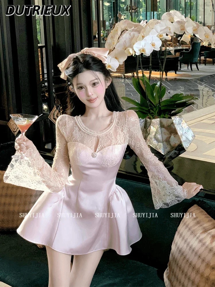 Solid Color Fashion French Style Satin Ladies Short Dress Temperament Lace Long-sleeved Dresses for Women Slim and Thin Fluffy
Solid Color Fashion French Style Satin Ladies Short Dress Temperament Lace Long-sleeved Dresses for Women Slim and Thin Fluffy