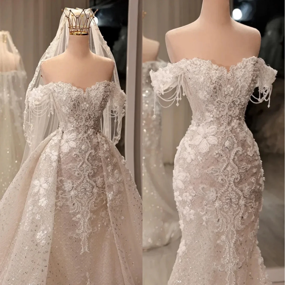 Luxury Mermaid Lace Applique Tassel Wedding Dress Sexy Sweetheart Off The Shoulder Detachable Plus Size Bridal Gown Customized
Luxury Mermaid Lace Applique Tassel Wedding Dress Sexy Sweetheart Off The Shoulder Detachable Plus Size Bridal Gown Customized