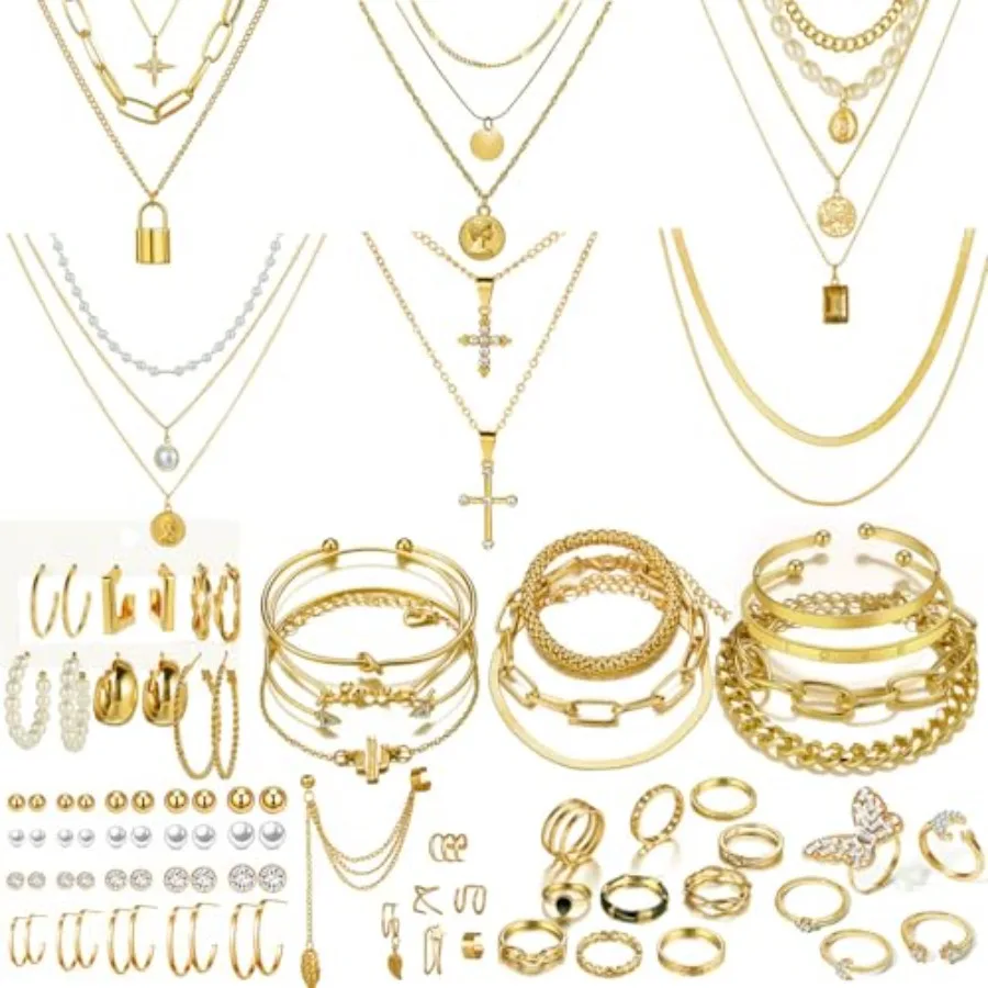 73 Pcs Gold Jewelry Set with 6Pcs Layered Necklace, 11 Pcs anklet and 7Pcs Earring Ear Cuff, 12Hoop Earrings, 15pcs Rings, 21pc
73 Pcs Gold Jewelry Set with 6Pcs Layered Necklace, 11 Pcs anklet and 7Pcs Earring Ear Cuff, 12Hoop Earrings, 15pcs Rings, 21pc