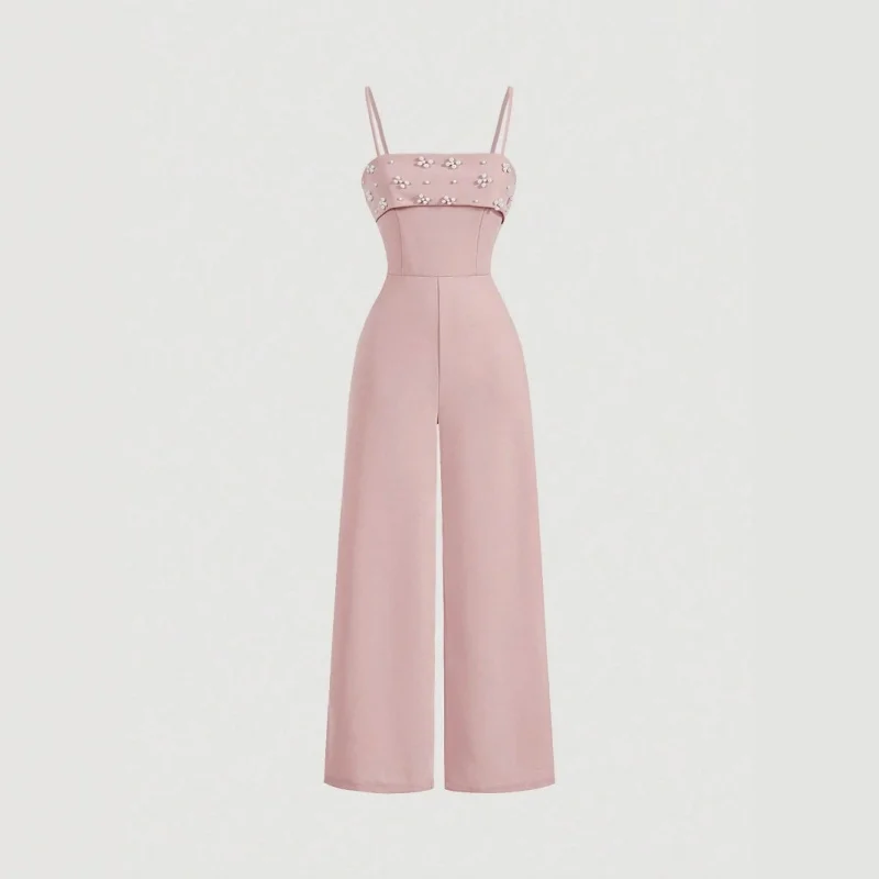 Women Summer New High Waist Sleeveless One-Piece Pink Wide Leg Pants Pearl Decoration Back Zipper Elegant Suspender Jumpsuit
Women Summer New High Waist Sleeveless One-Piece Pink Wide Leg Pants Pearl Decoration Back Zipper Elegant Suspender Jumpsuit