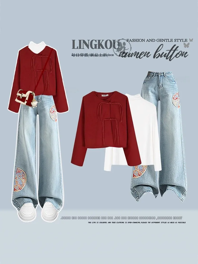 Антивозрастной осенне-зимний комплект большого размера, женский новый китайский красный джинсовый комплект из джинсов для похудения, комплект из футболки с высокой талией L...
Антивозрастной осенне-зимний комплект большого размера, женский новый китайский красный джинсовый комплект из джинсов для похудения, комплект из футболки с высокой талией L...