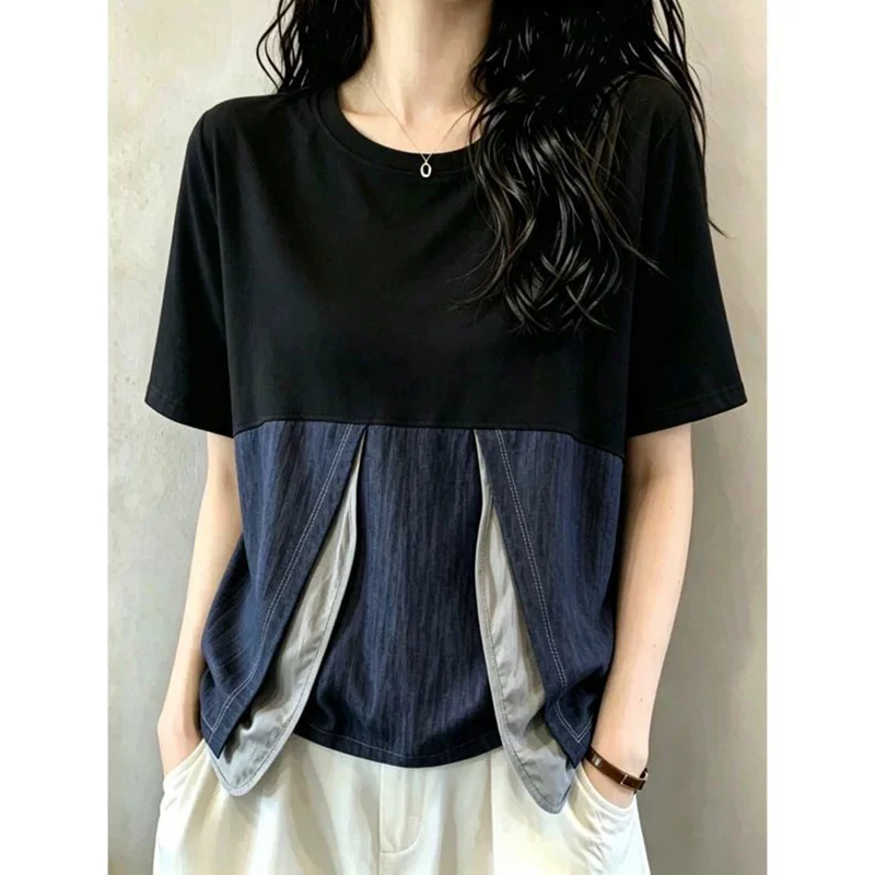 2026 Summer Women Patchwork T-Shirt O Neck Straight Shoulder Loose Hide Belly Slim Casual Short Sleeve Unique Design Daily Tops
2026 Summer Women Patchwork T-Shirt O Neck Straight Shoulder Loose Hide Belly Slim Casual Short Sleeve Unique Design Daily Tops