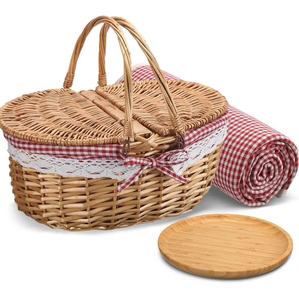Red Wicker Picnic Basket with Blankets, Bamboo Plates, and Washable Lining for Outdoor Dining
Red Wicker Picnic Basket with Blankets, Bamboo Plates, and Washable Lining for Outdoor Dining