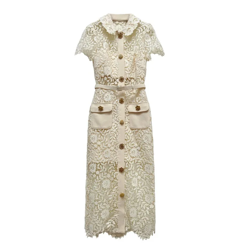 Top Quality Lace Dress 2023 Summer Party Elegant Women Peter Pan Collar Beading Button Short Sleeve Midi Beige Black Dress Sexy
Top Quality Lace Dress 2023 Summer Party Elegant Women Peter Pan Collar Beading Button Short Sleeve Midi Beige Black Dress Sexy