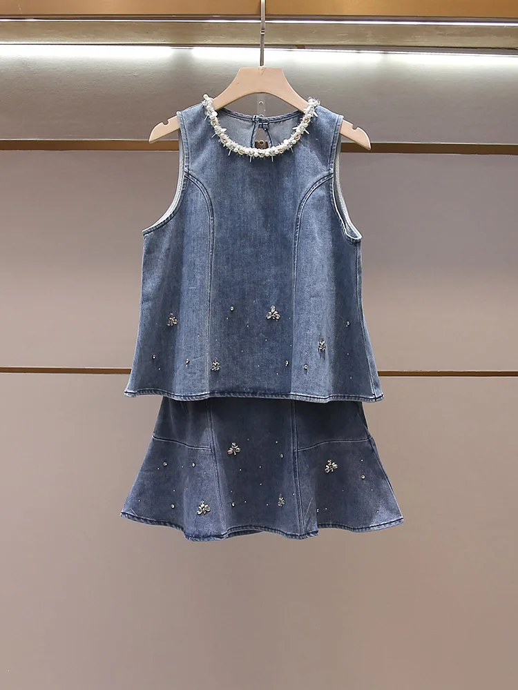 Withered Women's Summer New Sweet Nail Bead Vest Top Ruffled Skirt Denim Set
Withered Women's Summer New Sweet Nail Bead Vest Top Ruffled Skirt Denim Set