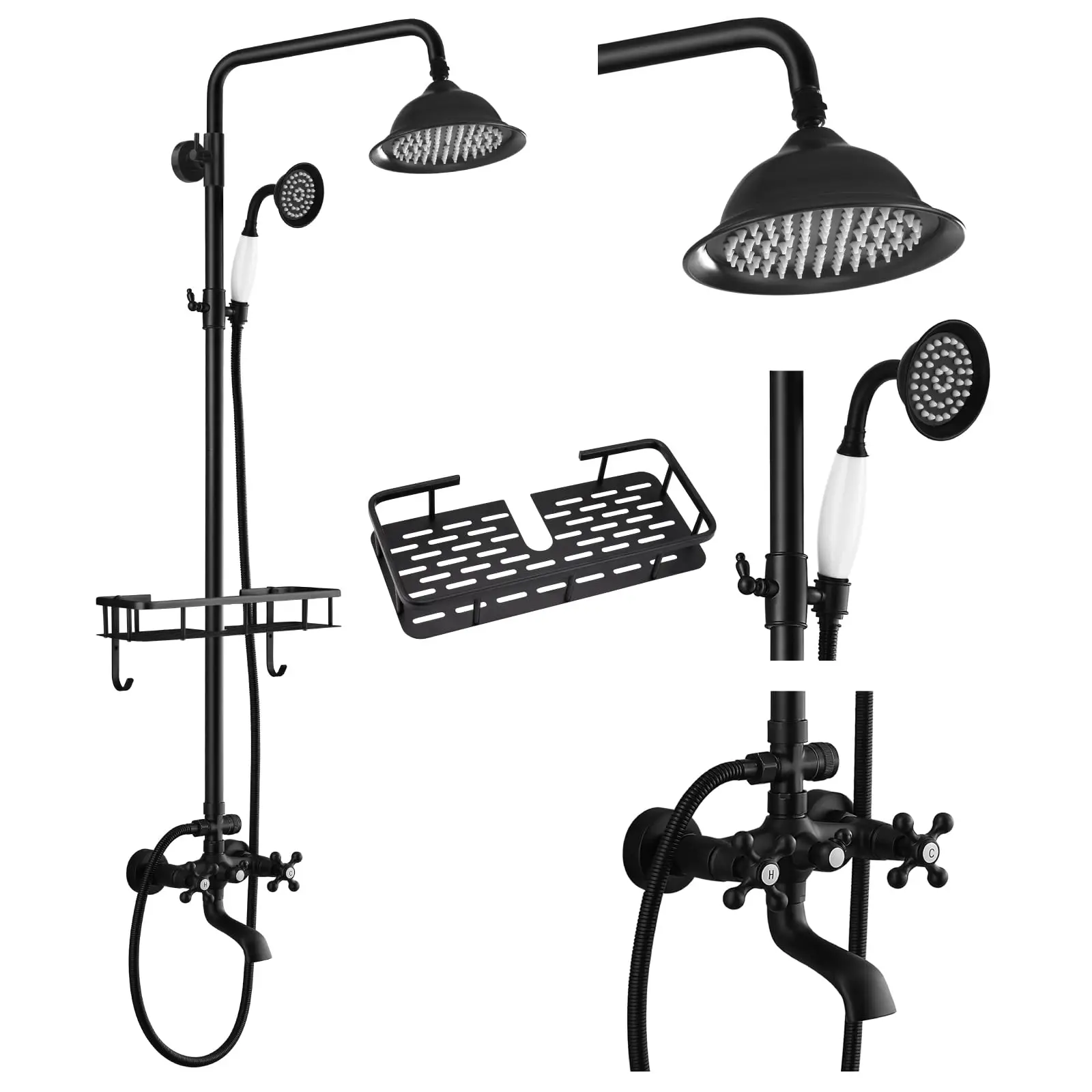 Matte Black Exposed Shower System With Rainfall Head Handheld Spray Tub Spout Double Cross Handles And Shelf
Matte Black Exposed Shower System With Rainfall Head Handheld Spray Tub Spout Double Cross Handles And Shelf
