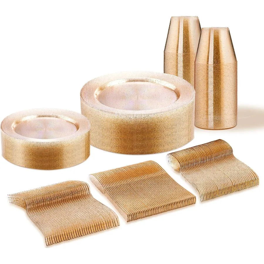 150 PCS Gold Glitter Disposable Dinnerware Set for 25 Guests Including 25 Dinner Plates 25 Salad Plates 25 Cups 25 Forks Knives
150 PCS Gold Glitter Disposable Dinnerware Set for 25 Guests Including 25 Dinner Plates 25 Salad Plates 25 Cups 25 Forks Knives