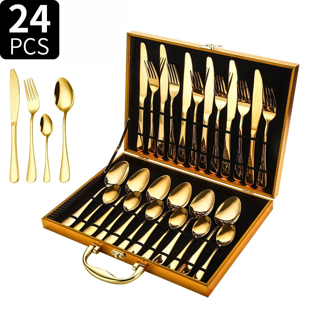 24PCS Stainless Steel Metal Cutlery Knife Fork Spoon Set with Storage Gift Box Quality Cutlery Set for Home Restaurant Tableware
24PCS Stainless Steel Metal Cutlery Knife Fork Spoon Set with Storage Gift Box Quality Cutlery Set for Home Restaurant Tableware