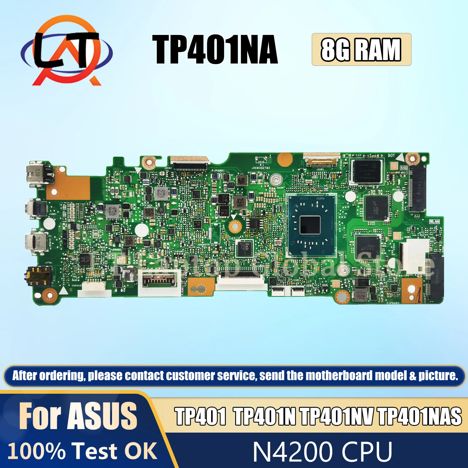 TP401NA Mainboard For ASUS Vivobook TP401 TP401N TP401NV TP401NA TP401NAS Laptop Motherboard N4200 CPU 8G-RAM 0G/128G-SSD
TP401NA Mainboard For ASUS Vivobook TP401 TP401N TP401NV TP401NA TP401NAS Laptop Motherboard N4200 CPU 8G-RAM 0G/128G-SSD