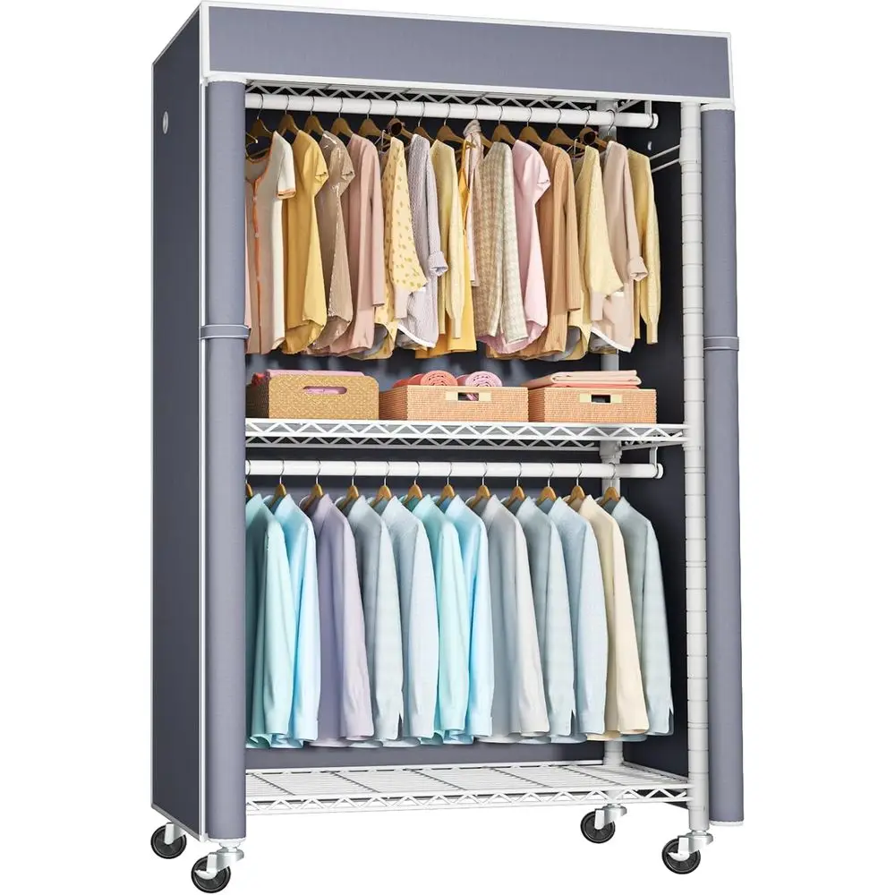 White Clothing Rack with Grey Cover, P1C Rolling Closet Rack with Wheels, Metal Garment Rack or Hanging Clothes, Clothing Storag
White Clothing Rack with Grey Cover, P1C Rolling Closet Rack with Wheels, Metal Garment Rack or Hanging Clothes, Clothing Storag