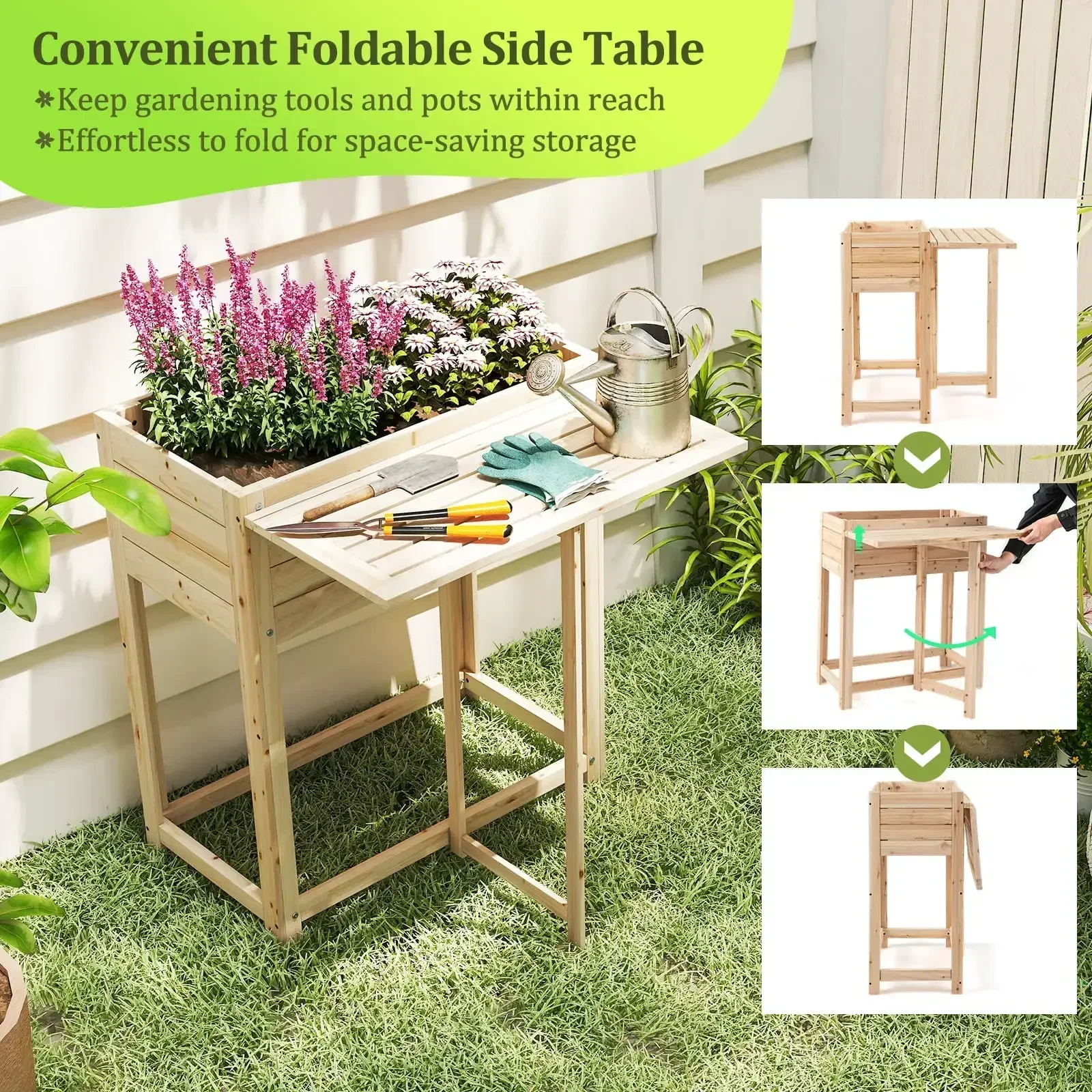Wooden Raised Garden Bed with Legs and Foldable Side Table
Wooden Raised Garden Bed with Legs and Foldable Side Table